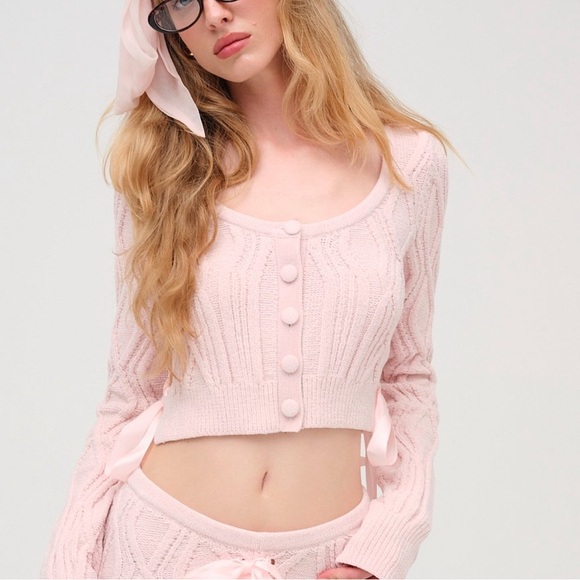 For Love And Lemons Sweaters - For Love & Lemons Pink Chenille Cable Knit Cardigan, Lace-Up Bows, Size M, NWT